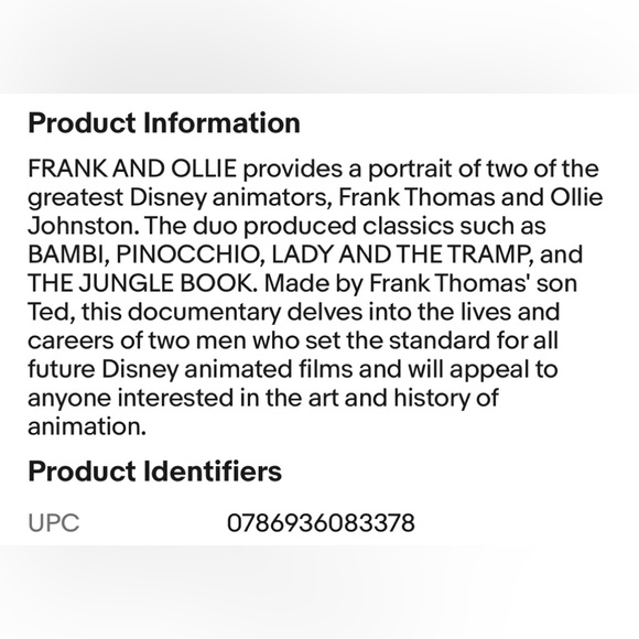 Walt Disney Films: Frank & Ollie, Friendship that Changed Animation, Sealed VHS - Picture 5 of 5